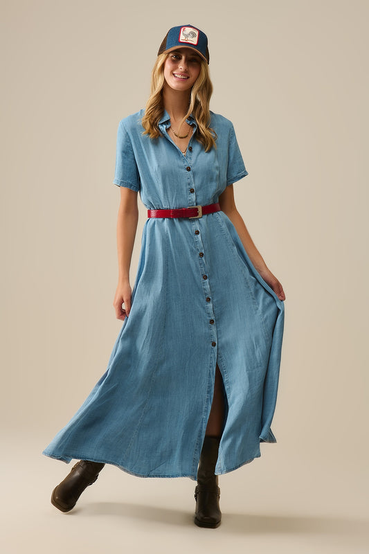 Q2 Light Blue Buttoned Tencel fabric Maxi Dress