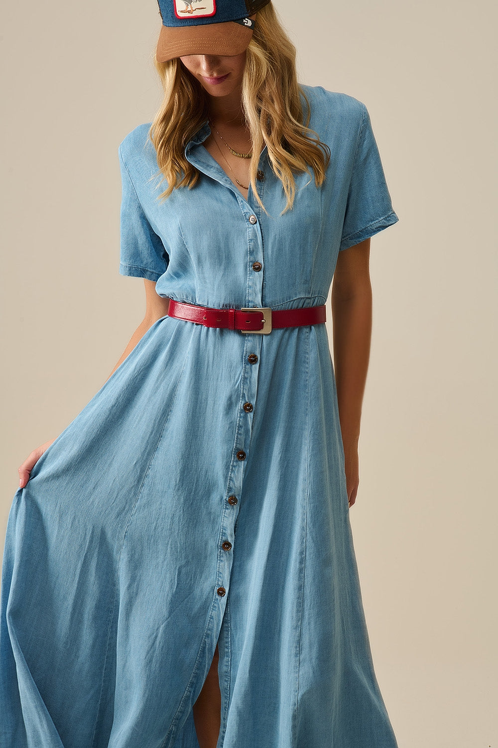 Light Blue Buttoned Tencel fabric Maxi Dress