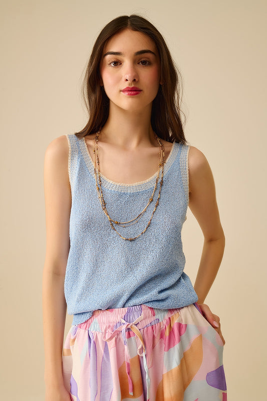 Q2 Light Blue Knit Tank Top with White Trim