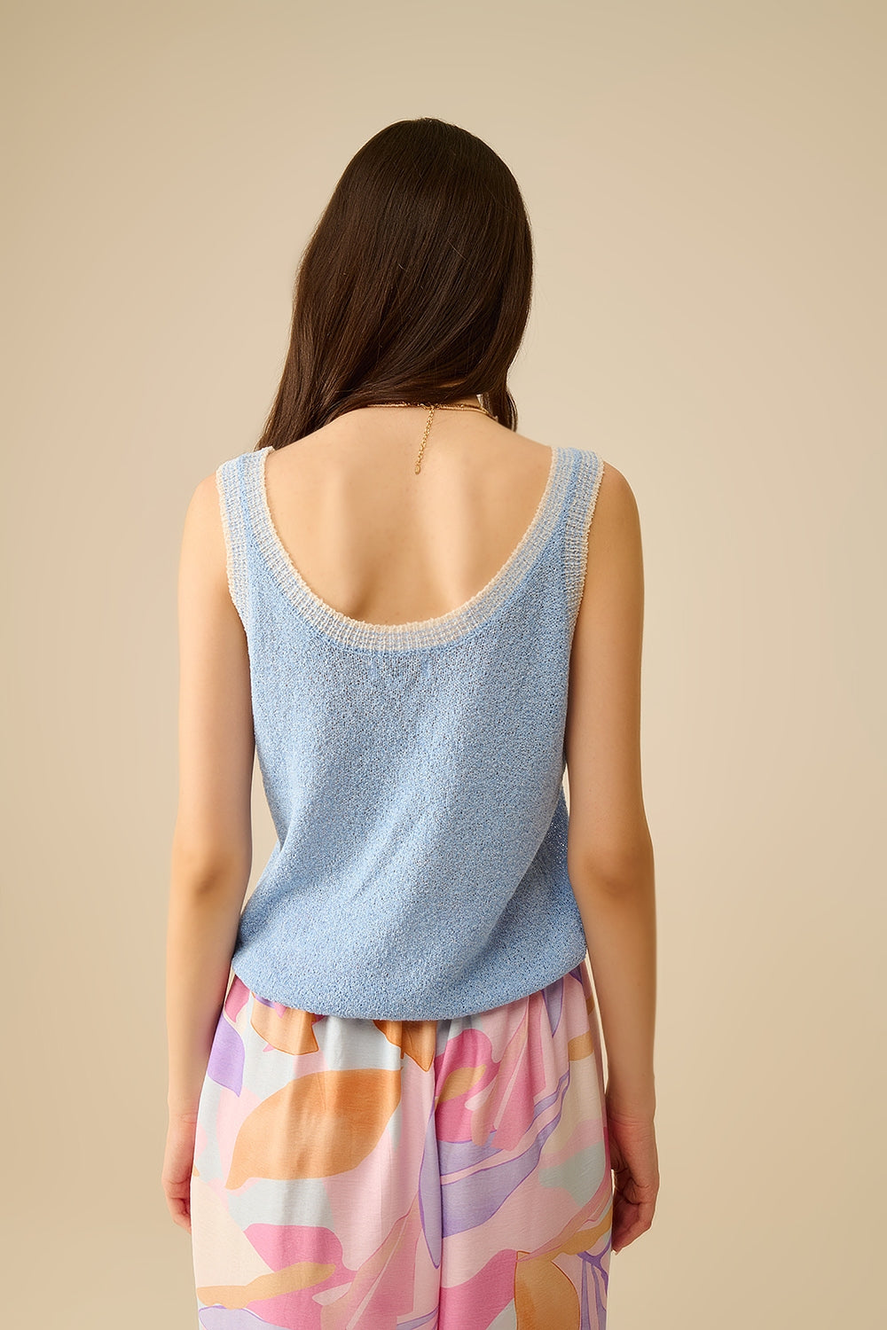 Light Blue Knit Tank Top with White Trim