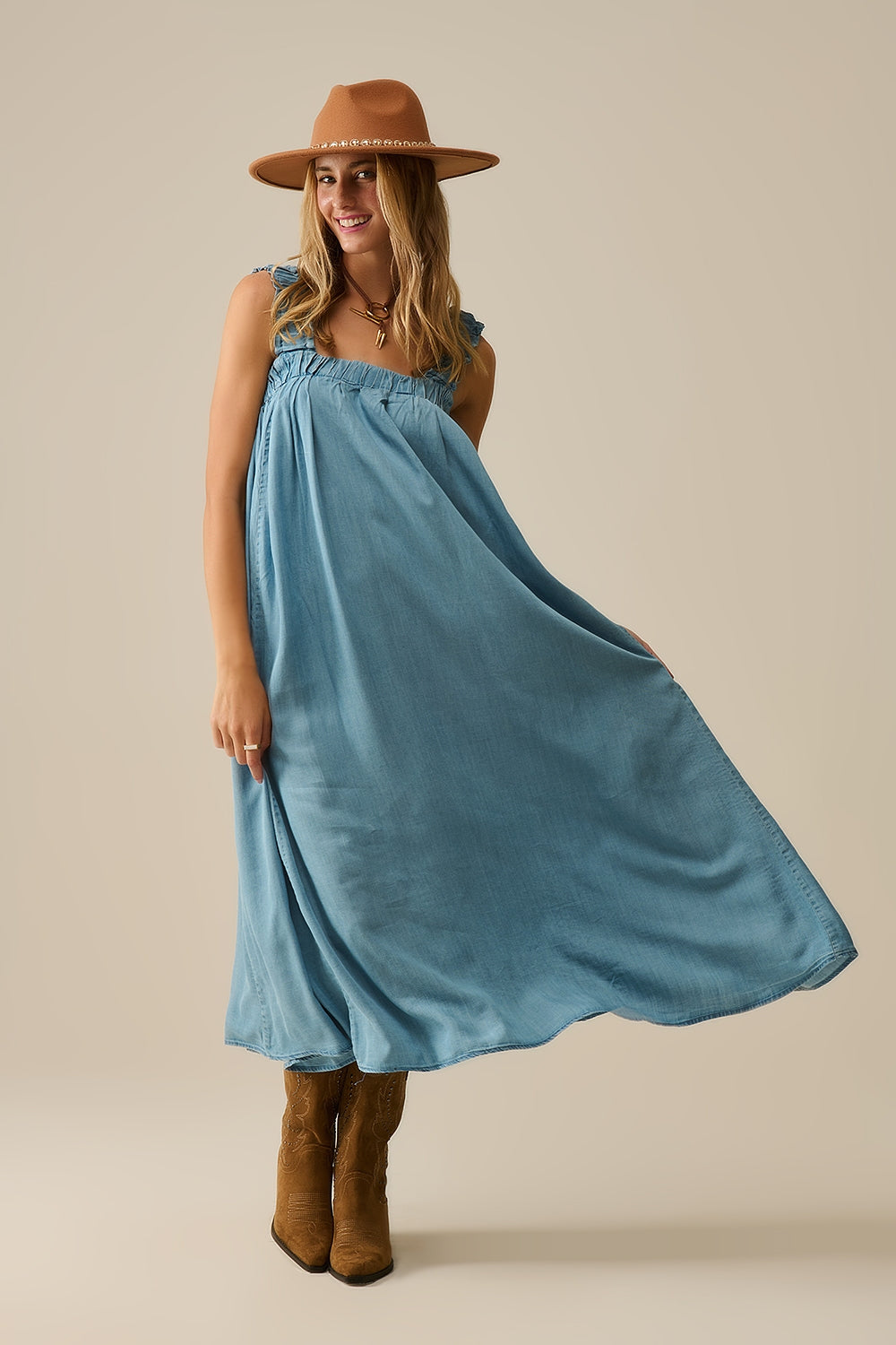 Light Blue maxi Dress with Ruffled Straps in tencel fabric