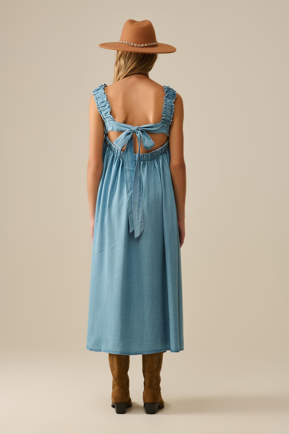 Light Blue maxi Dress with Ruffled Straps in tencel fabric