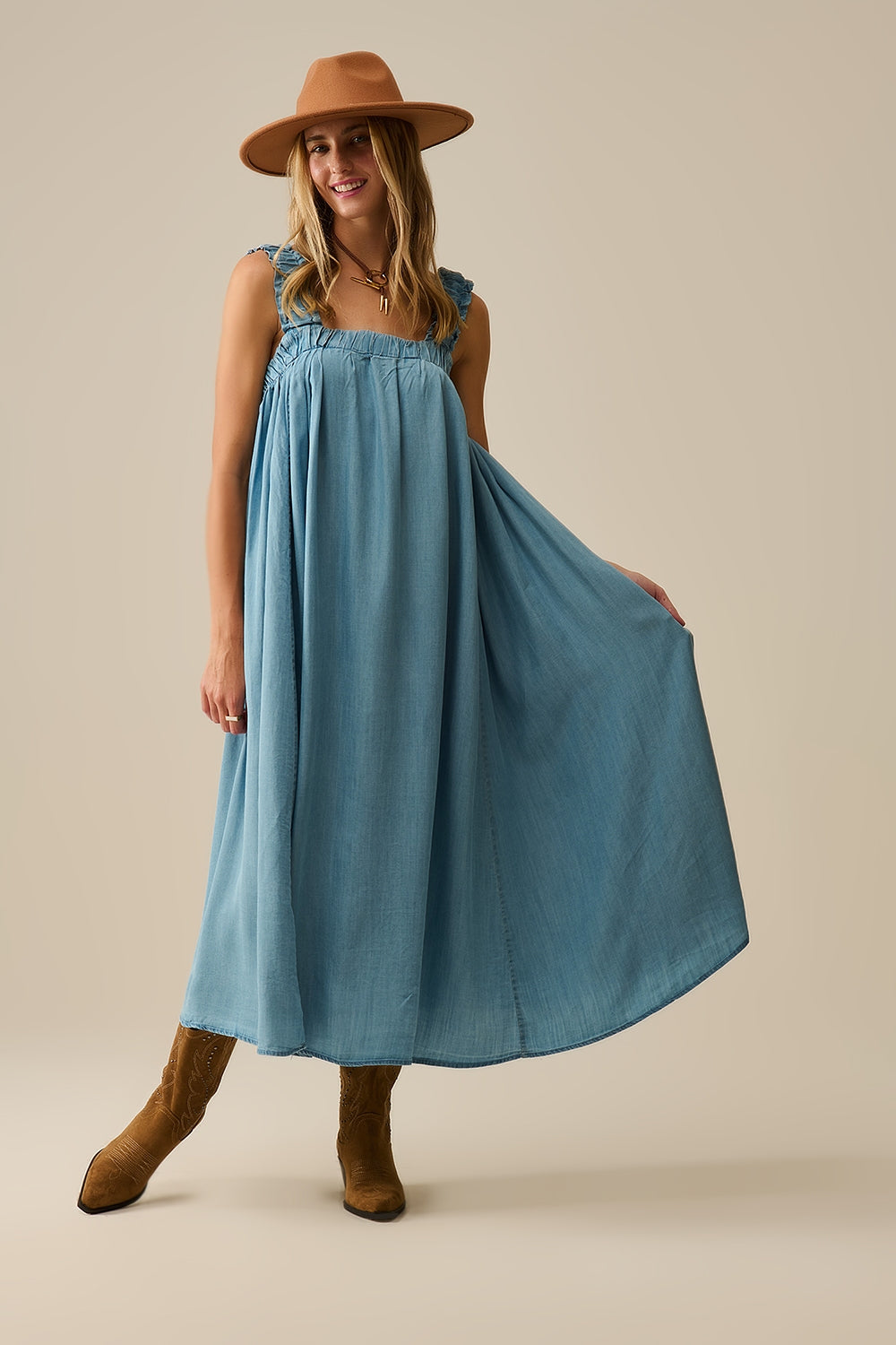 Light Blue maxi Dress with Ruffled Straps in tencel fabric