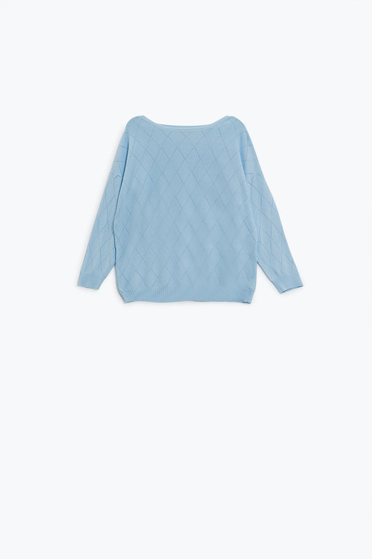 Q2 Light blue sweater in argyle print with boat neck