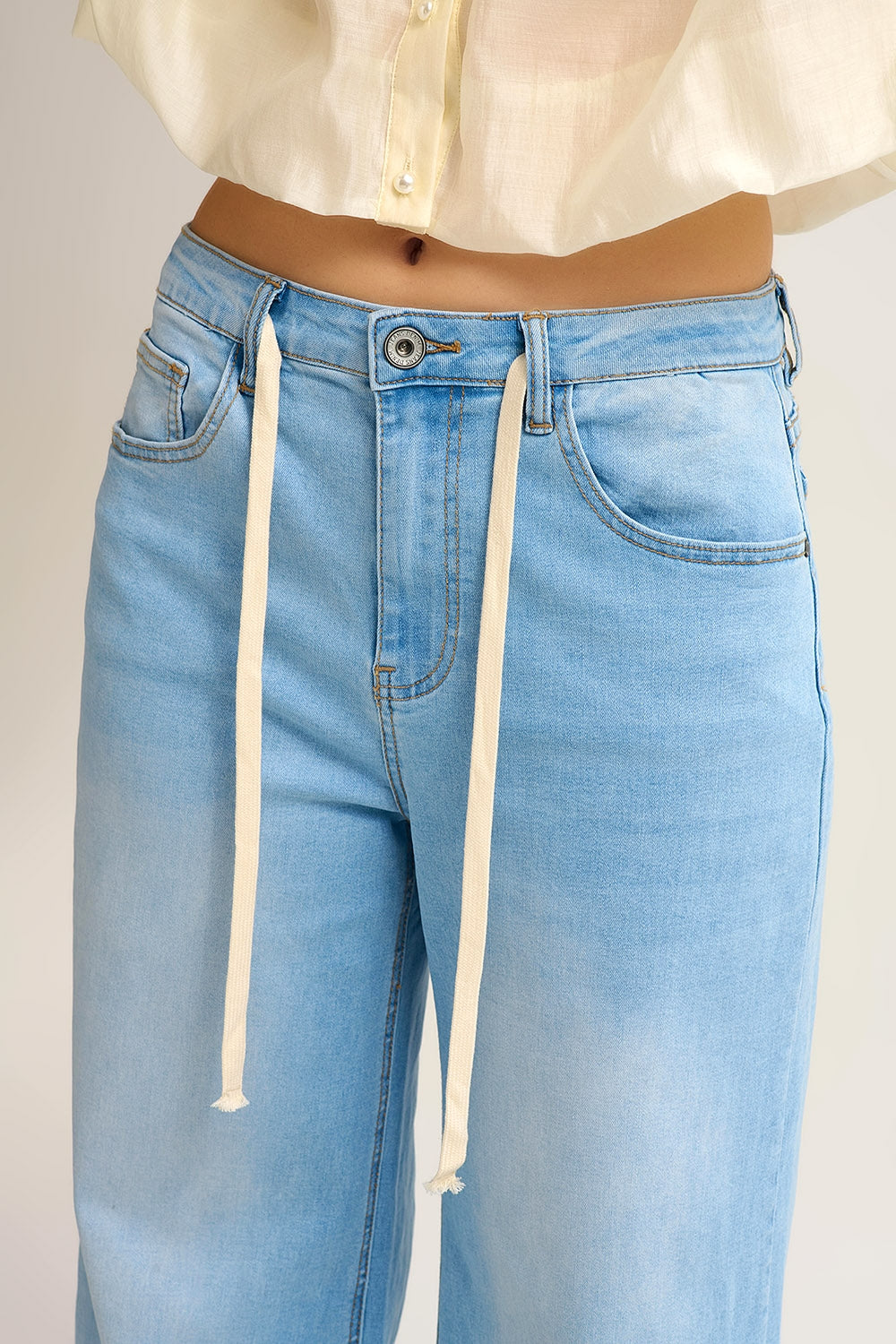 Light Wash Wide-Leg Jeans with Adjustable Drawstring Waist