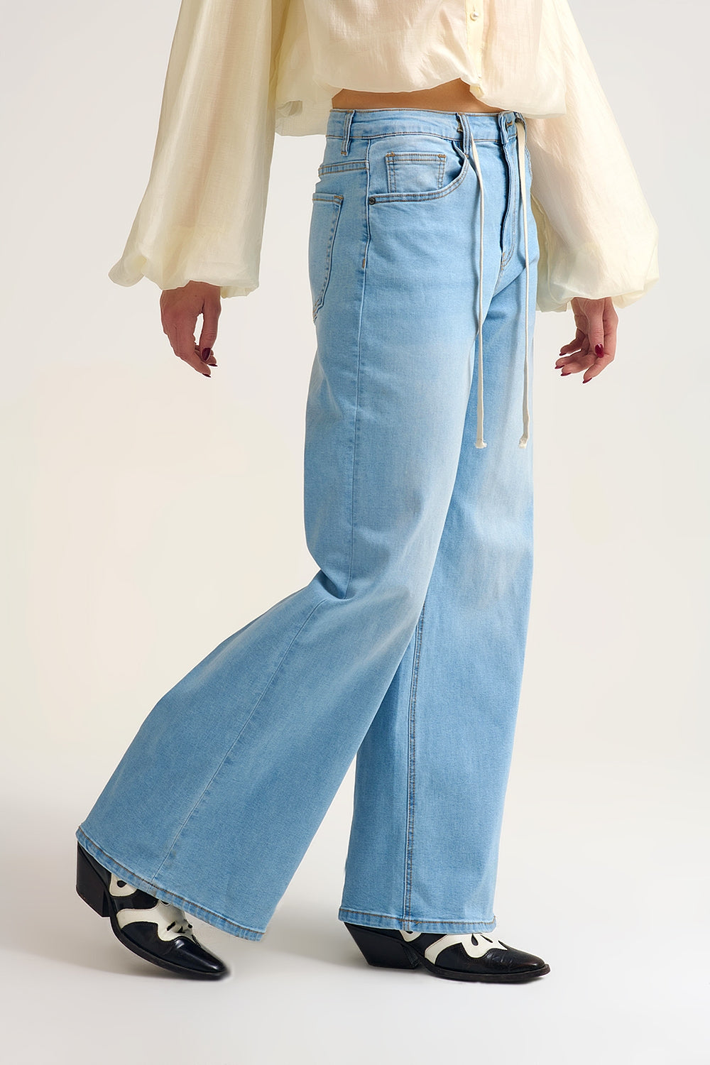 Light Wash Wide-Leg Jeans with Adjustable Drawstring Waist