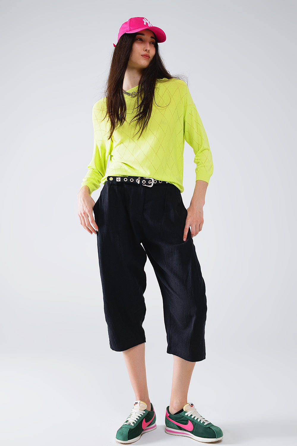 Camisola cor limão com estampado argyle e gola canoa