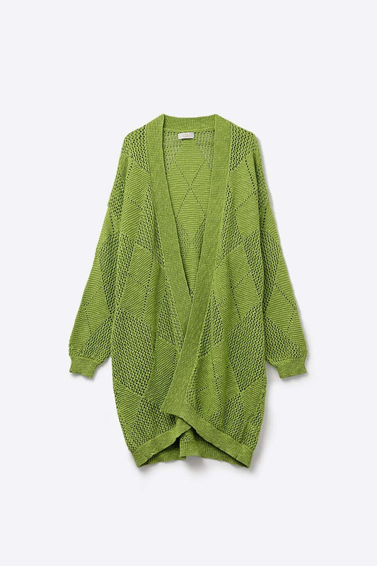 Q2 Lime Green Draped Cardigan With Crochet Design