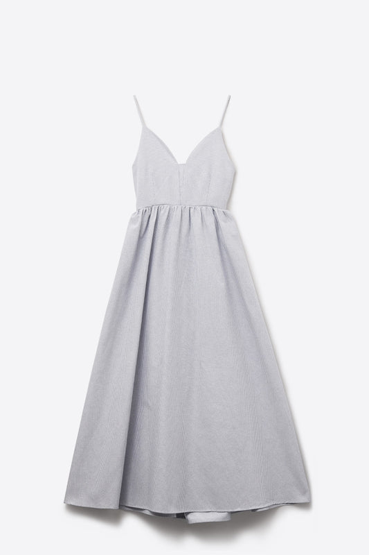 Q2 long blue striped dress with straps and crisscrossed back straps