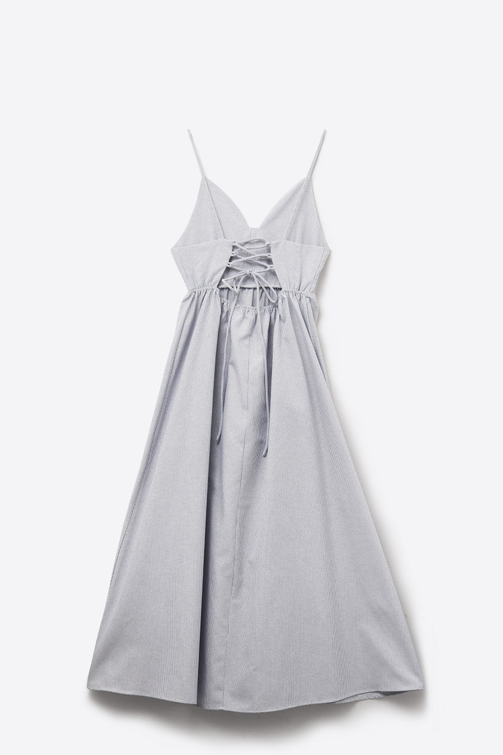 long blue striped dress with straps and crisscrossed back straps