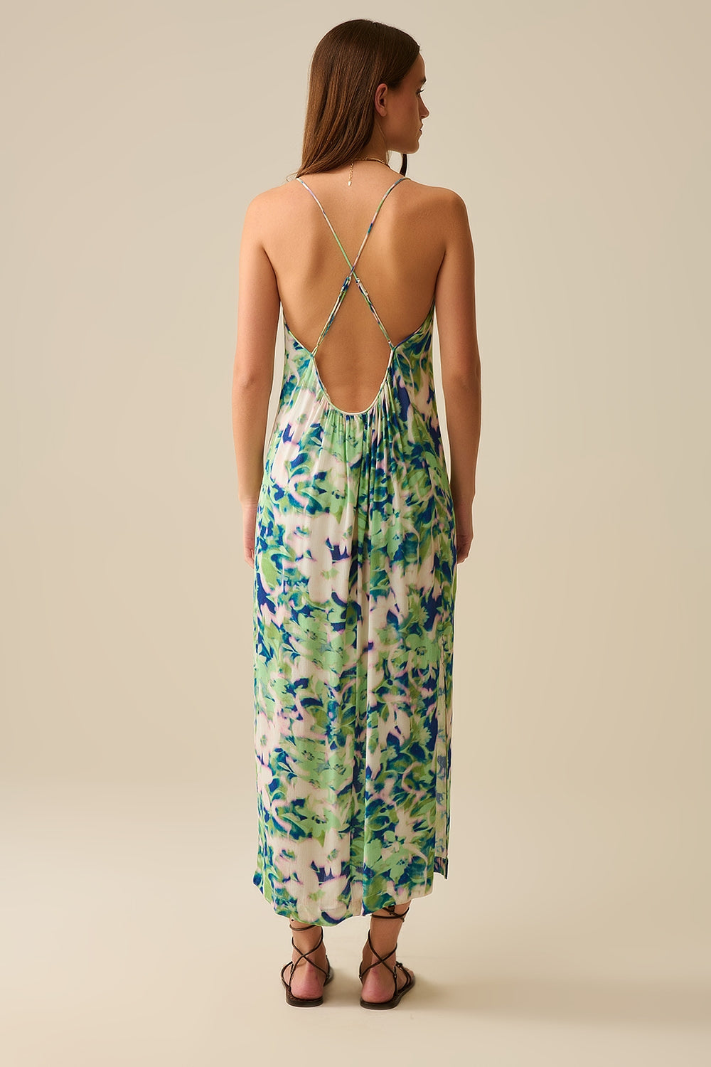 long green floral print dress with wide back neckline