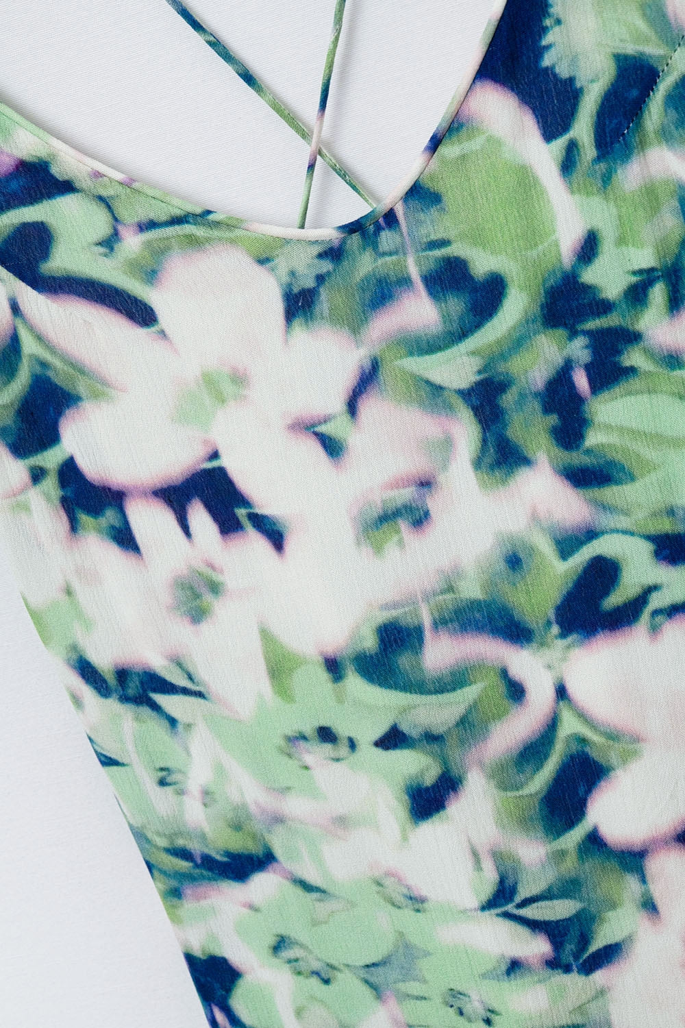 long green floral print dress with wide back neckline