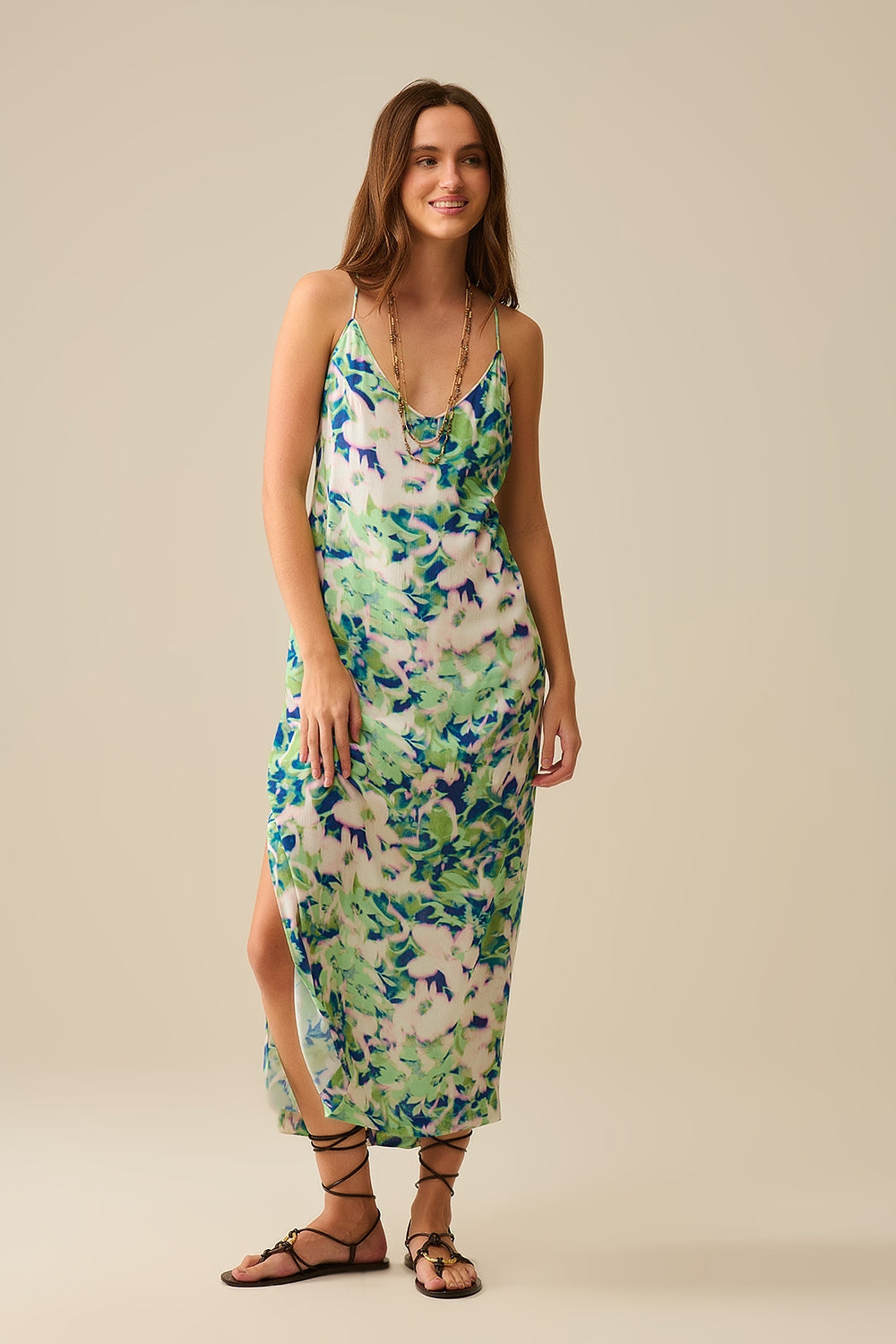 Q2 long green floral print dress with wide back neckline