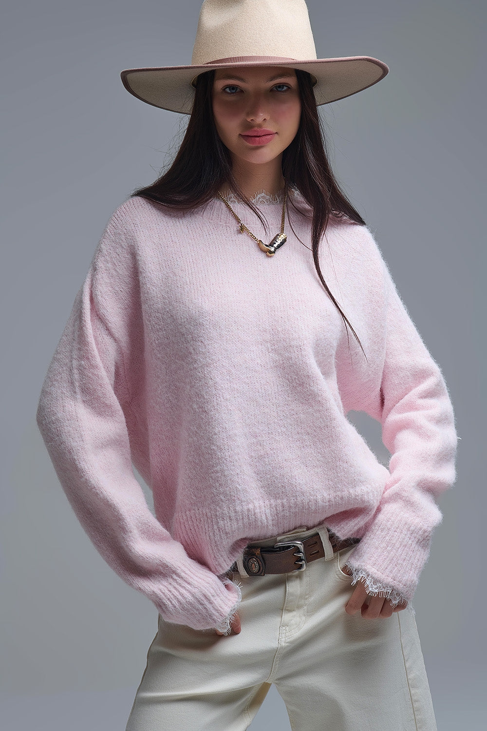 Q2 Long Oversized Pink Sweater With Lace Details at Cuffs and Neck