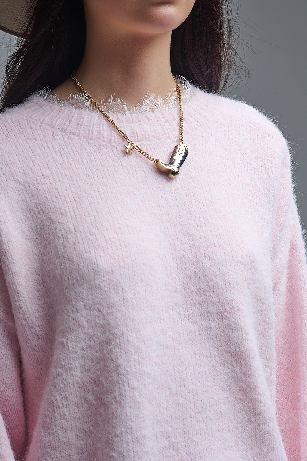 Long Oversized Pink Sweater With Lace Details at Cuffs and Neck