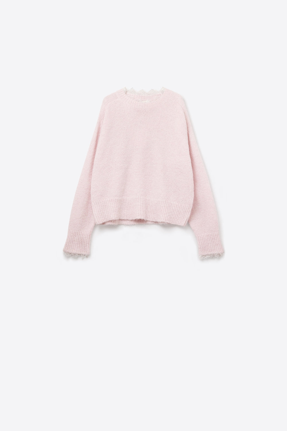 Long Oversized Pink Sweater With Lace Details at Cuffs and Neck