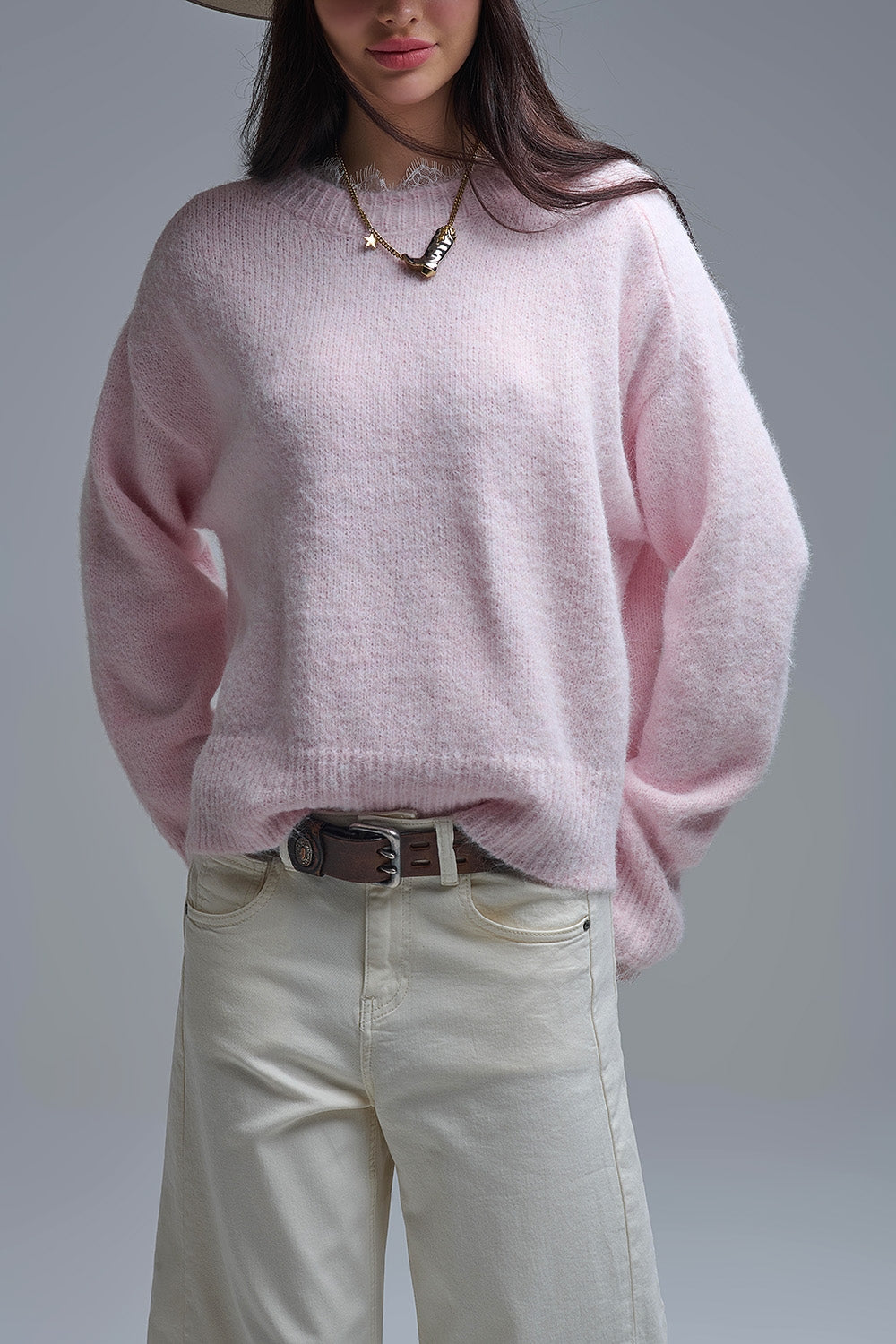 Long Oversized Pink Sweater With Lace Details at Cuffs and Neck