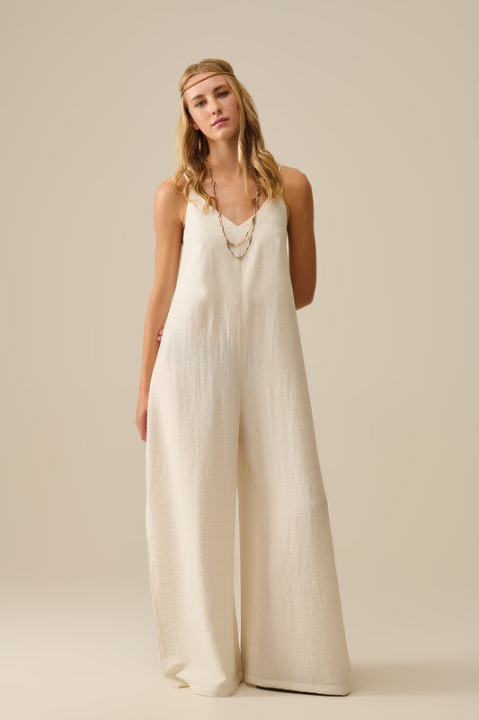 Q2 Long Textured Jumpsuit with Beaded Straps in Cream