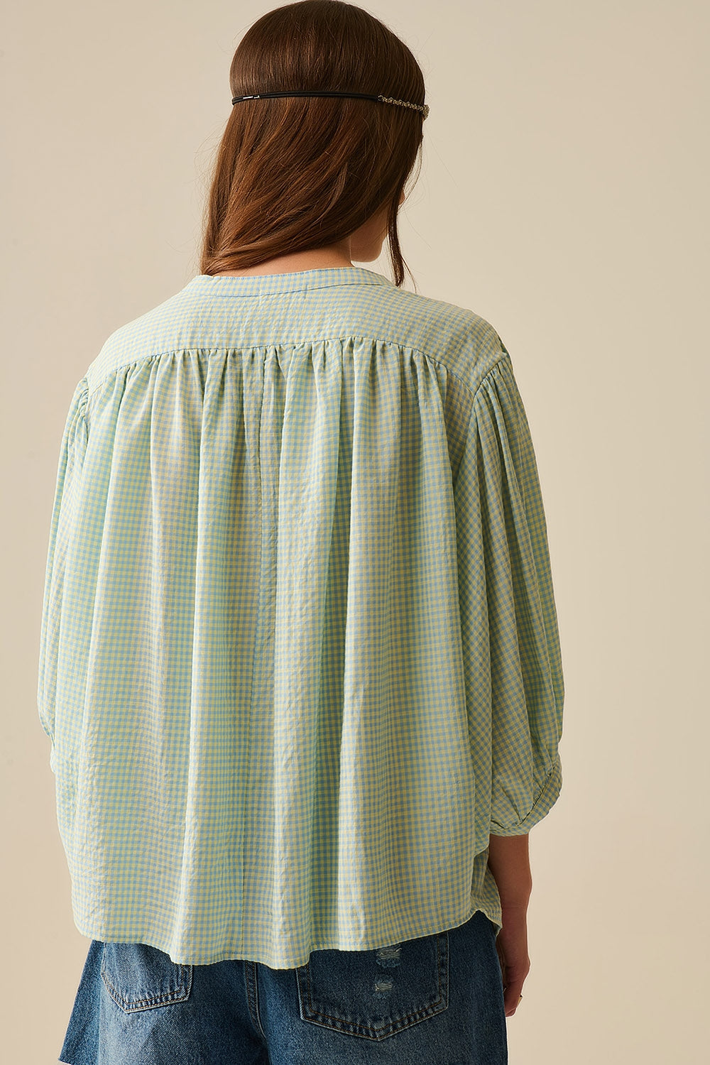 loose light blue gingham blouse