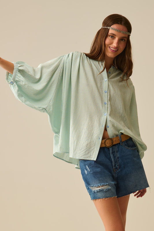 Q2 loose light blue gingham blouse