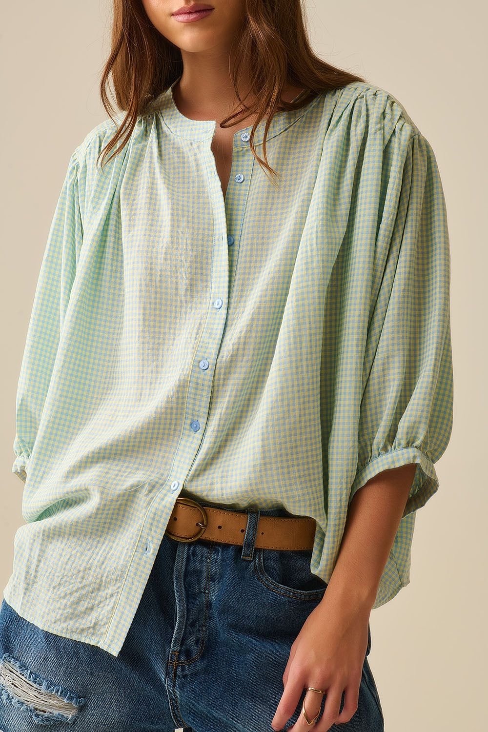 loose light blue gingham blouse