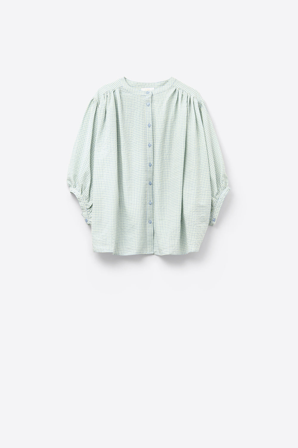 loose light blue gingham blouse