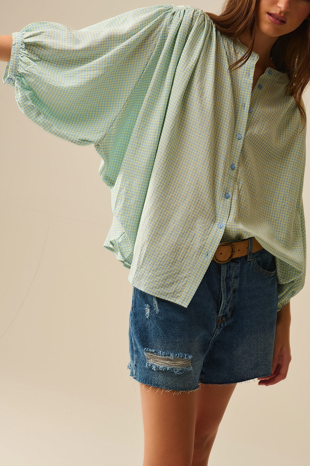 loose light blue gingham blouse