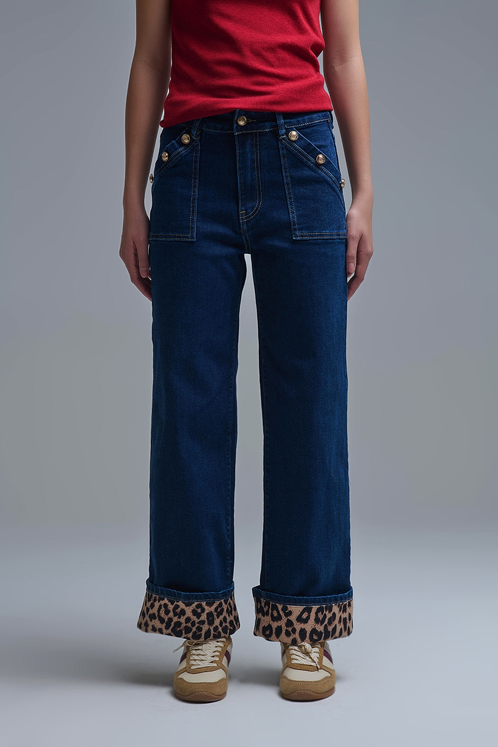 Q2 Marine Style Jeans With Contrasting Leopard Folded Hem