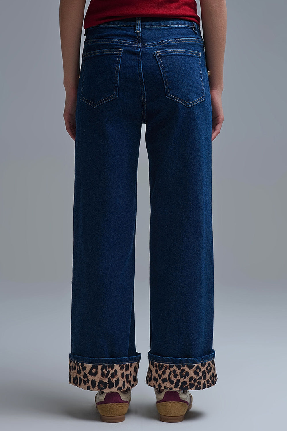 Marine Style Jeans With Contrasting Leopard Folded Hem