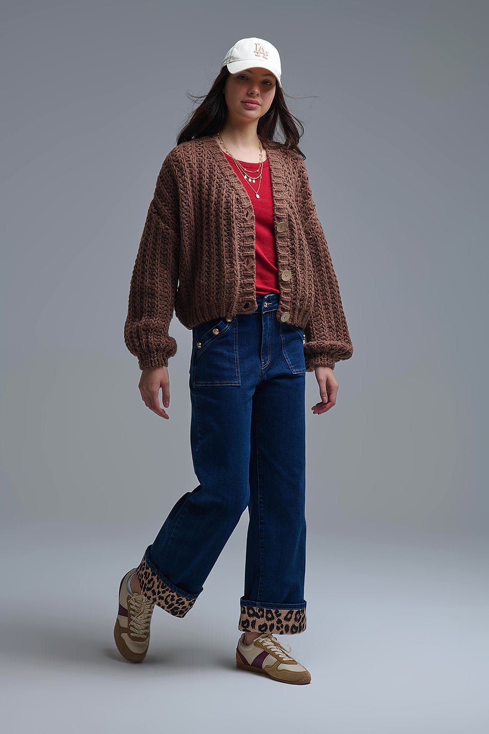 Marine Style Jeans With Contrasting Leopard Folded Hem