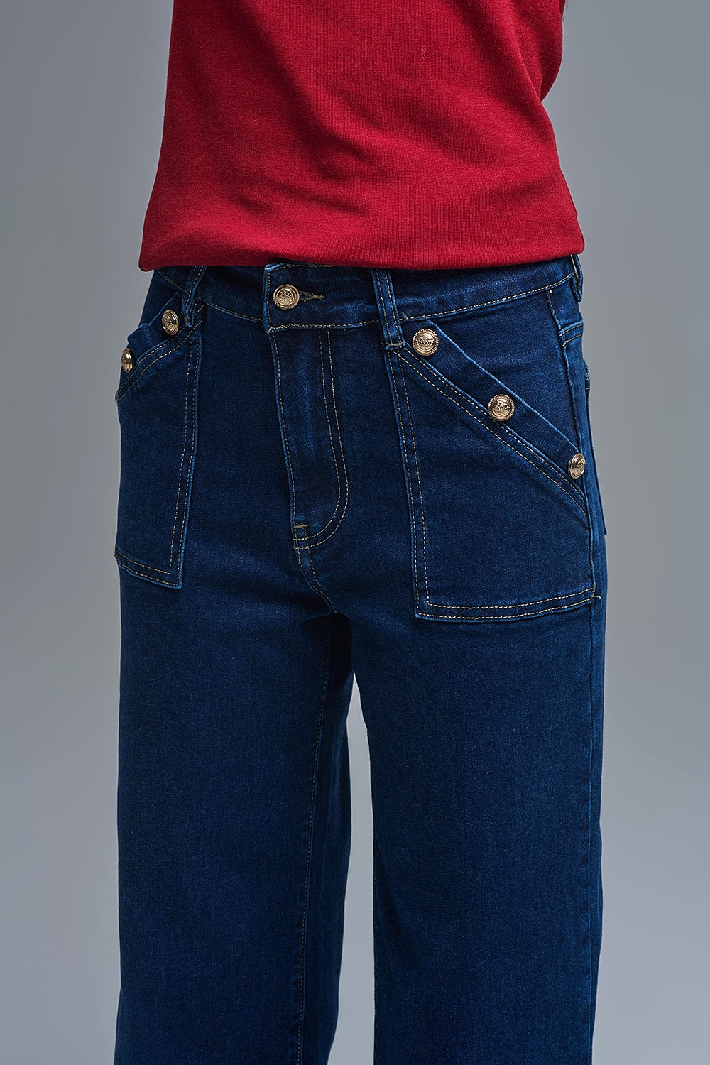 Marine Style Jeans With Contrasting Leopard Folded Hem