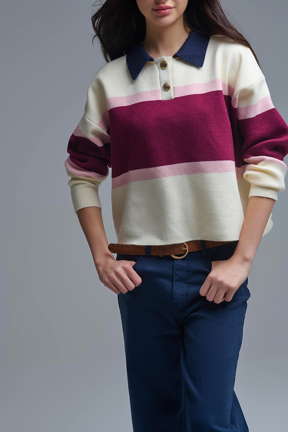 Maroon Striped Knit Sweater with Button Details