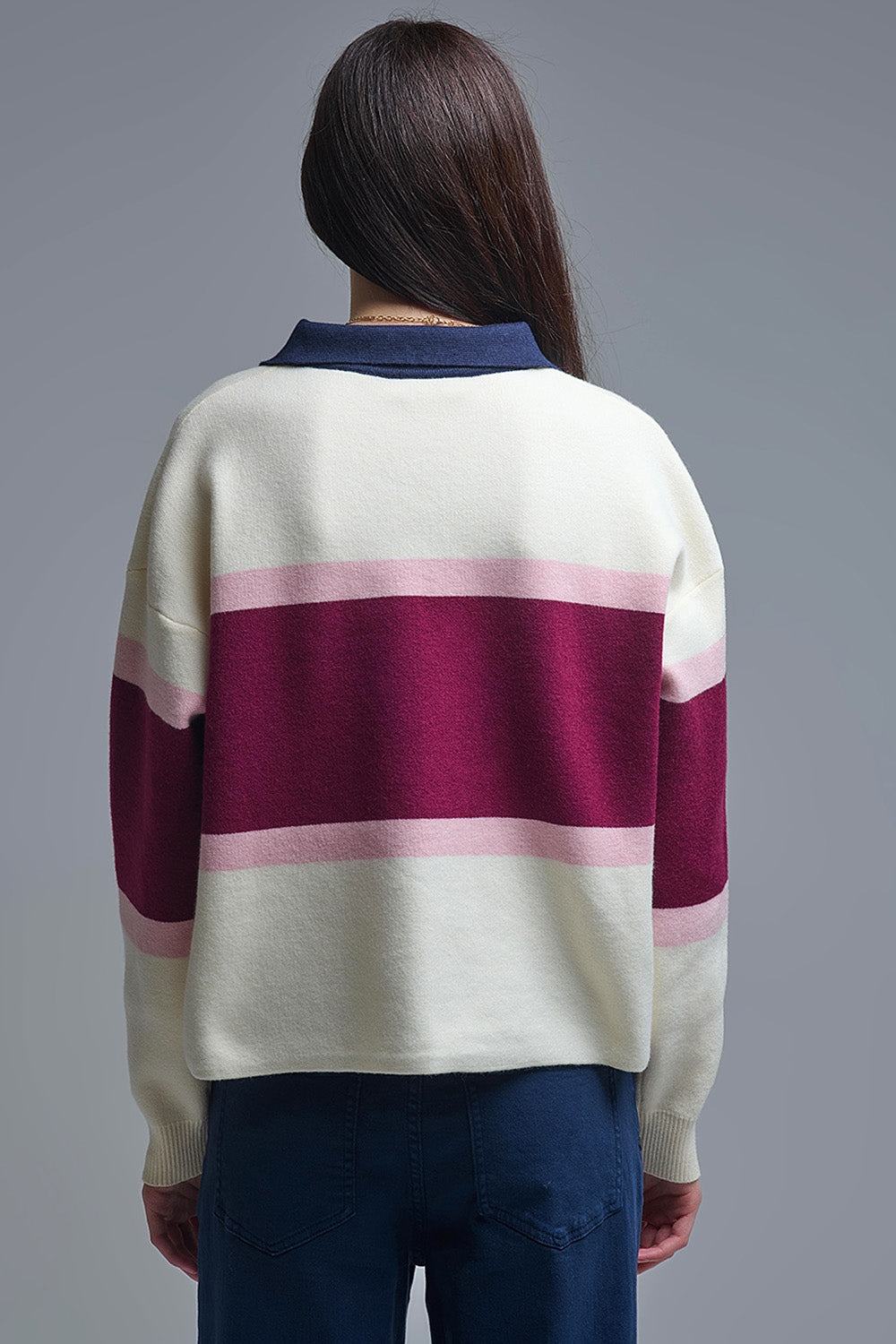 Maroon Striped Knit Sweater with Button Details