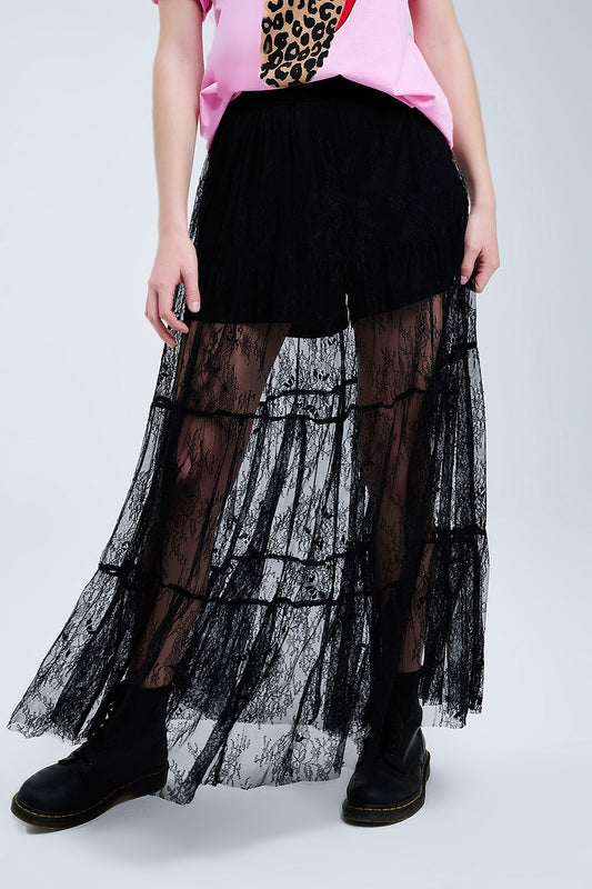 Q2 Maxi Black Lace Skirt with Floral Print
