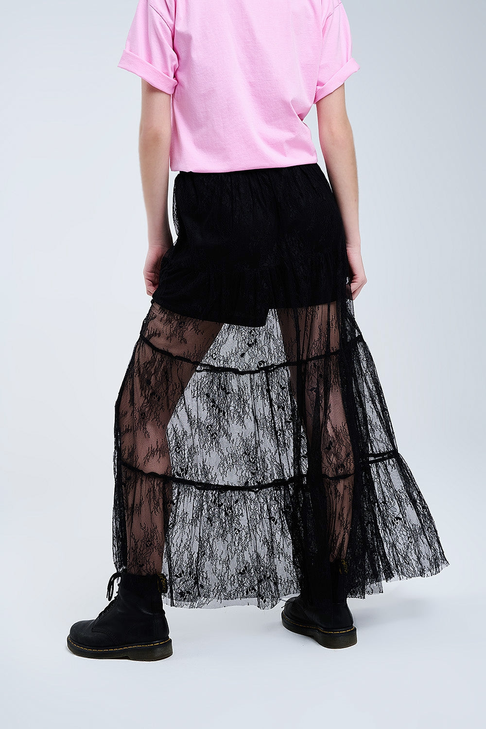 Maxi Black Lace Skirt with Floral Print