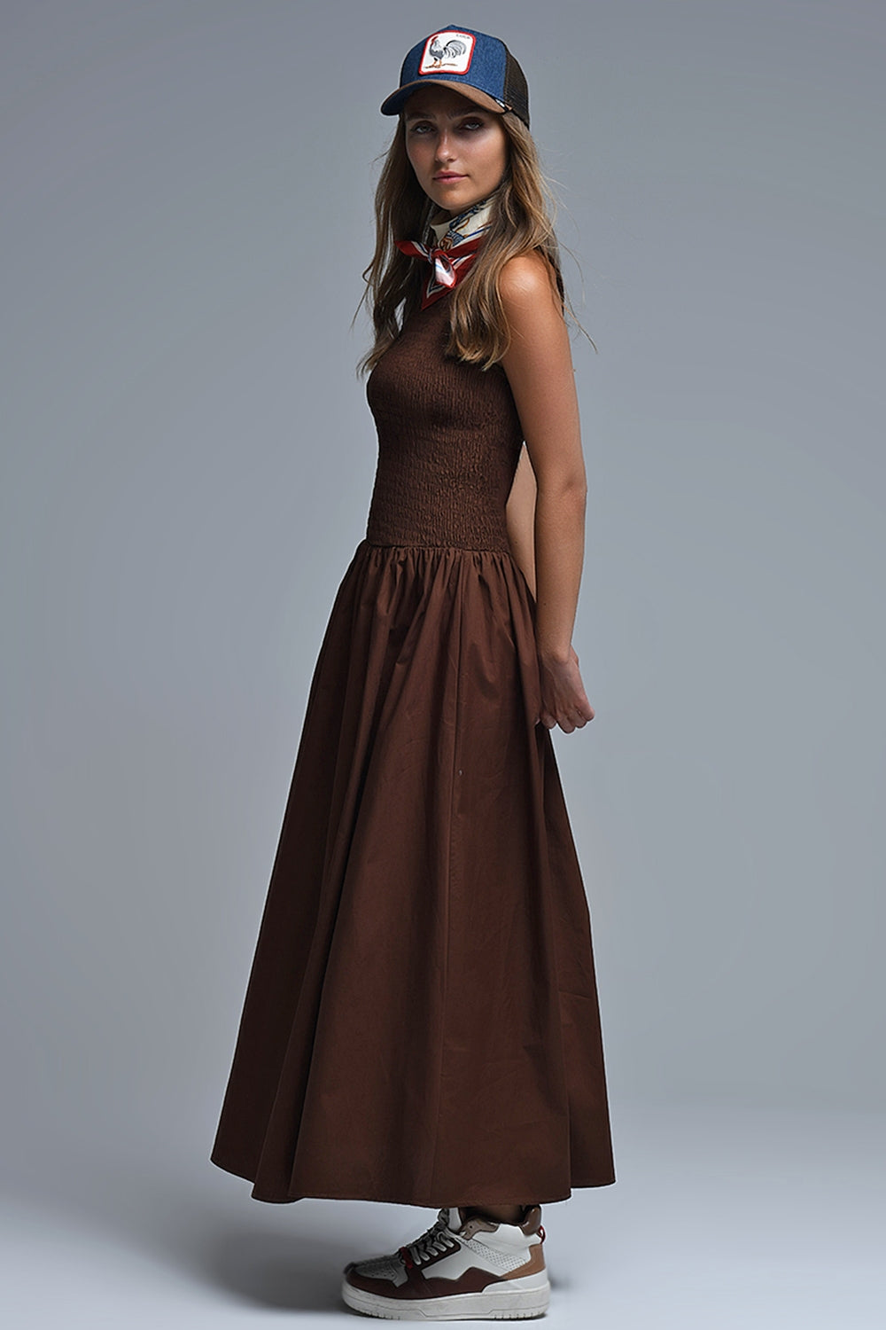 Maxi Brown Smocked Poplin Dress