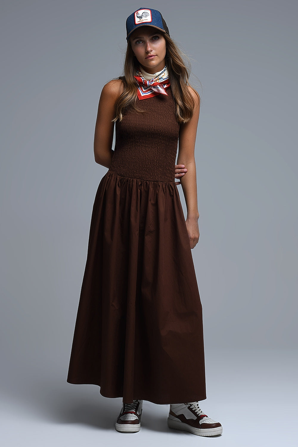 Maxi Brown Smocked Poplin Dress