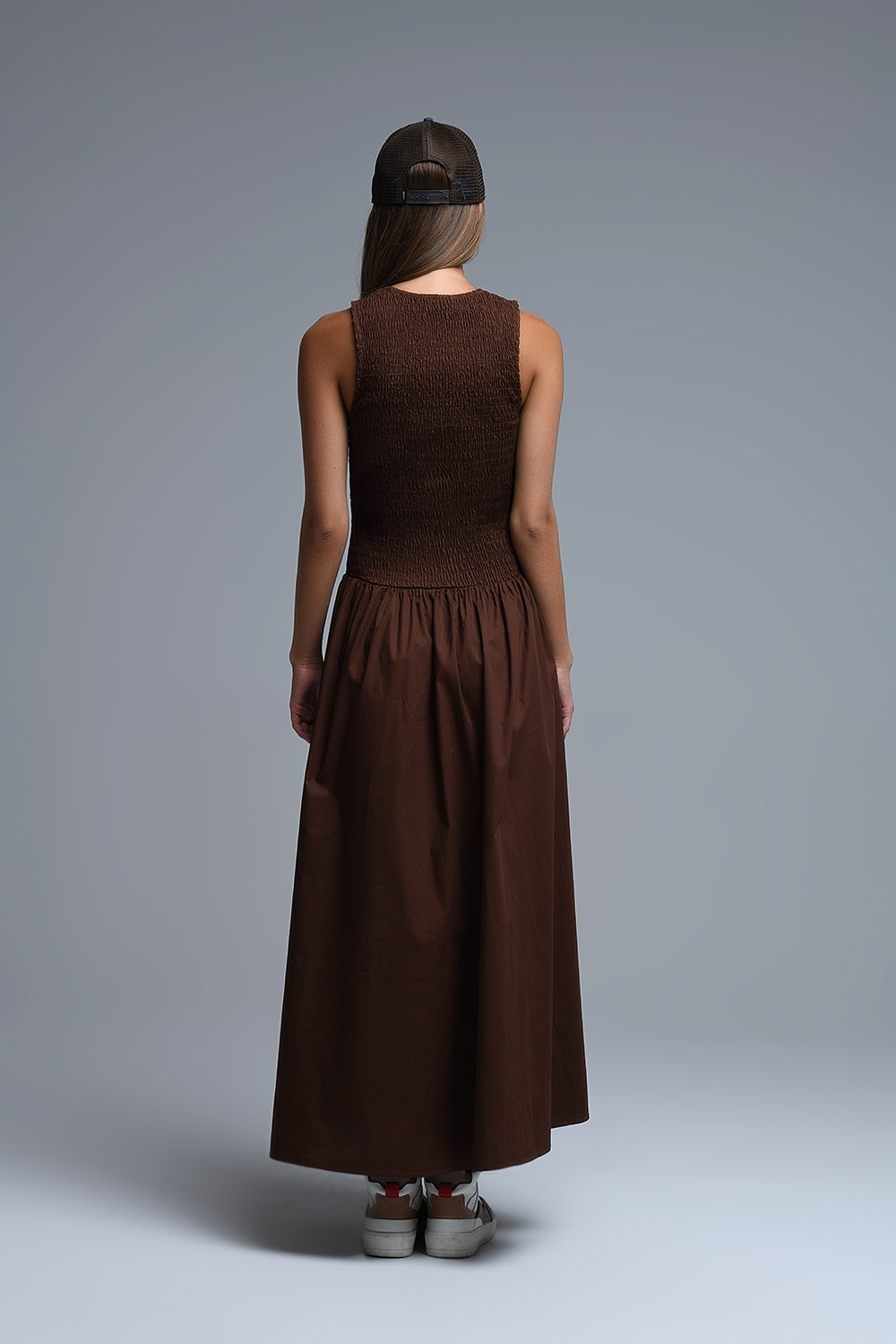 Maxi Brown Smocked Poplin Dress