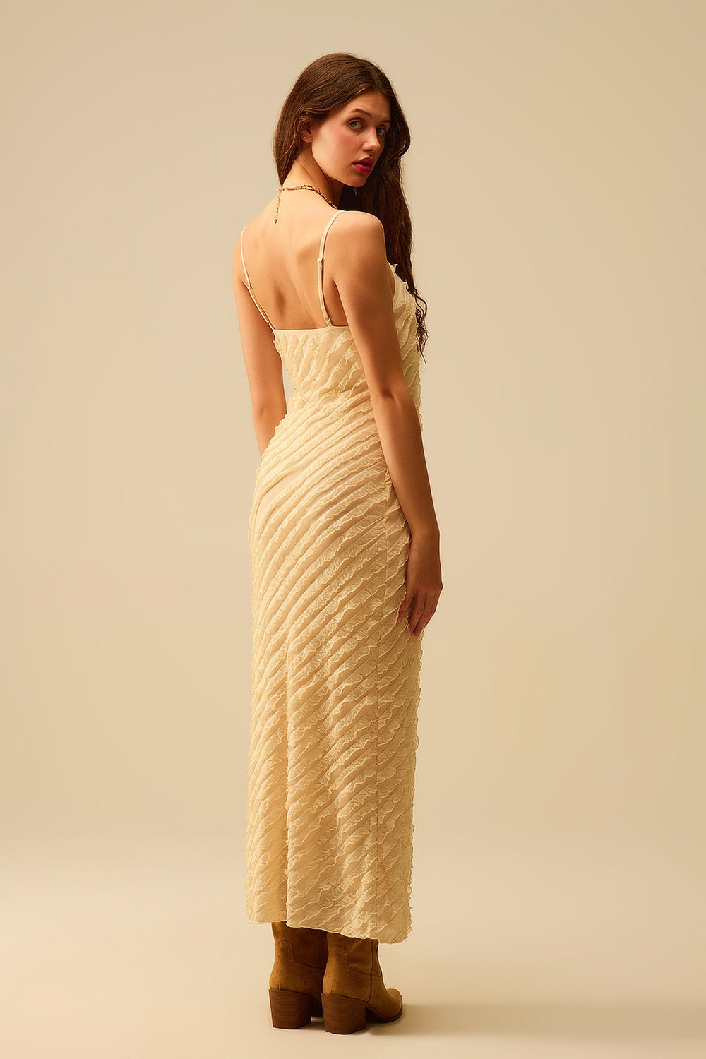 Maxi ecru dress with fringes and straps