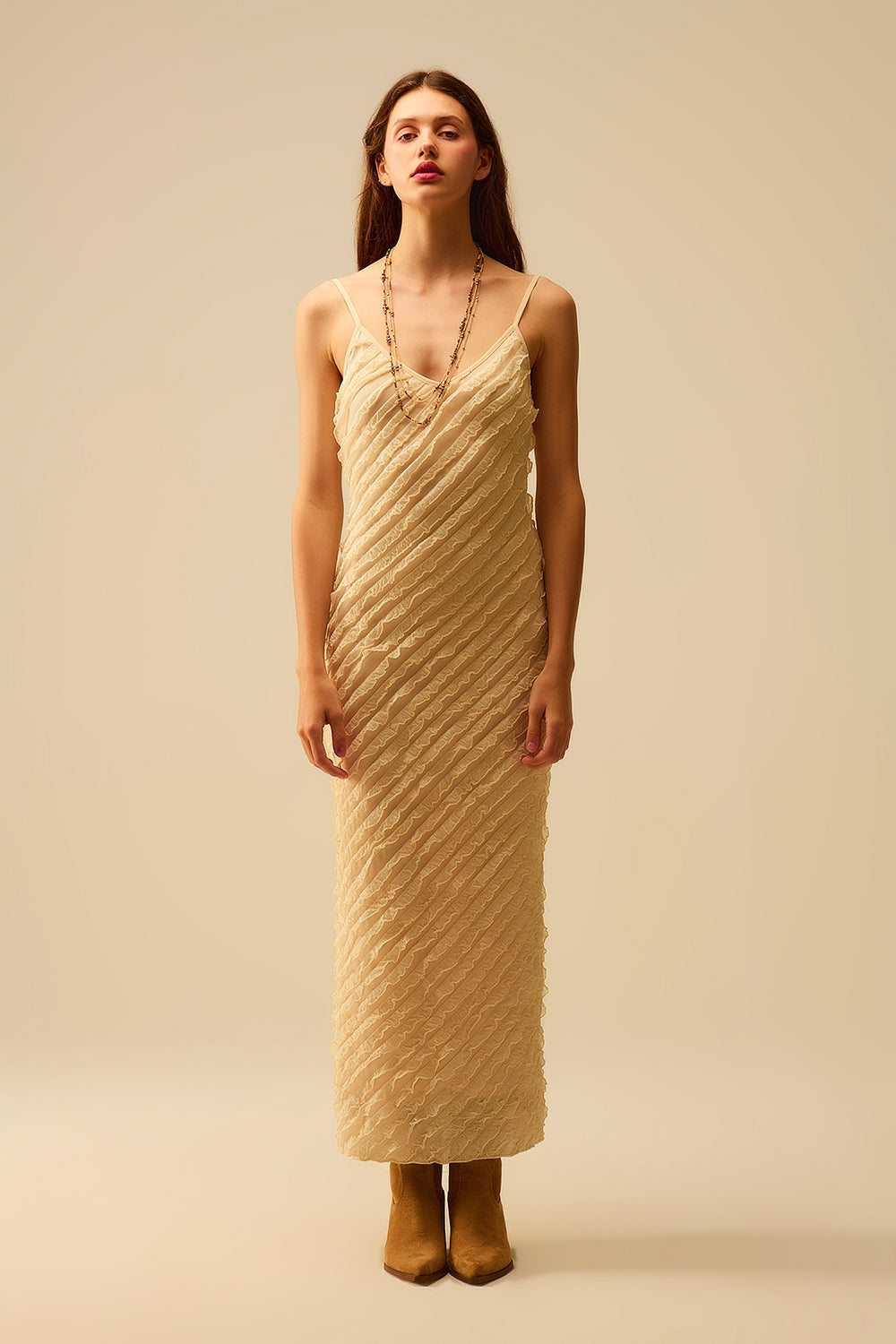 Maxi ecru dress with fringes and straps