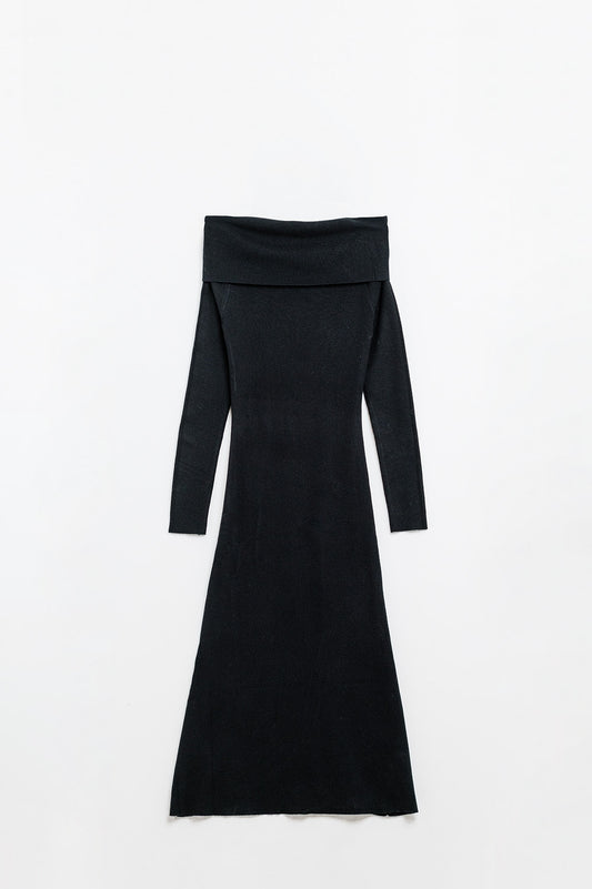 Q2 Maxi Knitted wide Bardot Dress in black