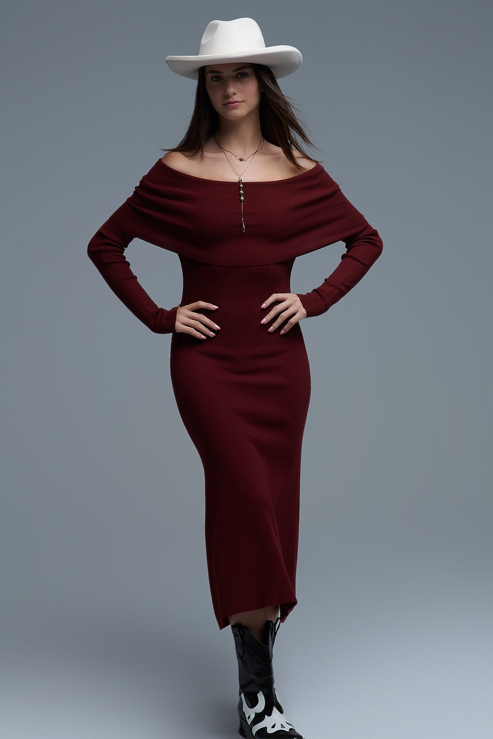 Maxi Knitted wide Bardot Dress in burgundy