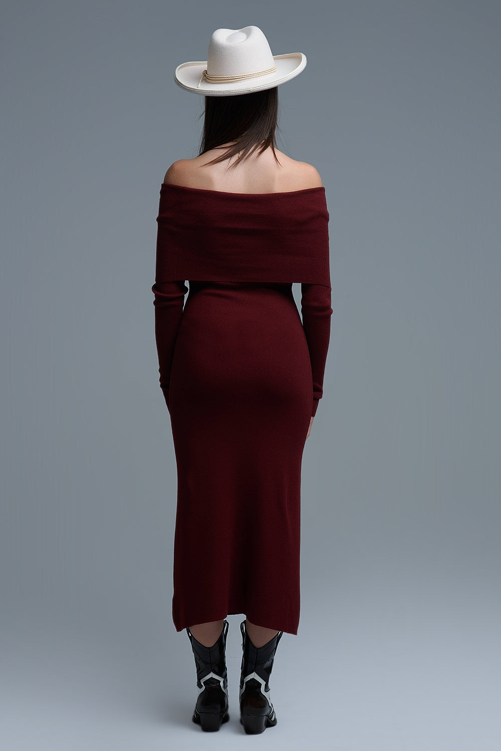 Maxi Knitted wide Bardot Dress in burgundy