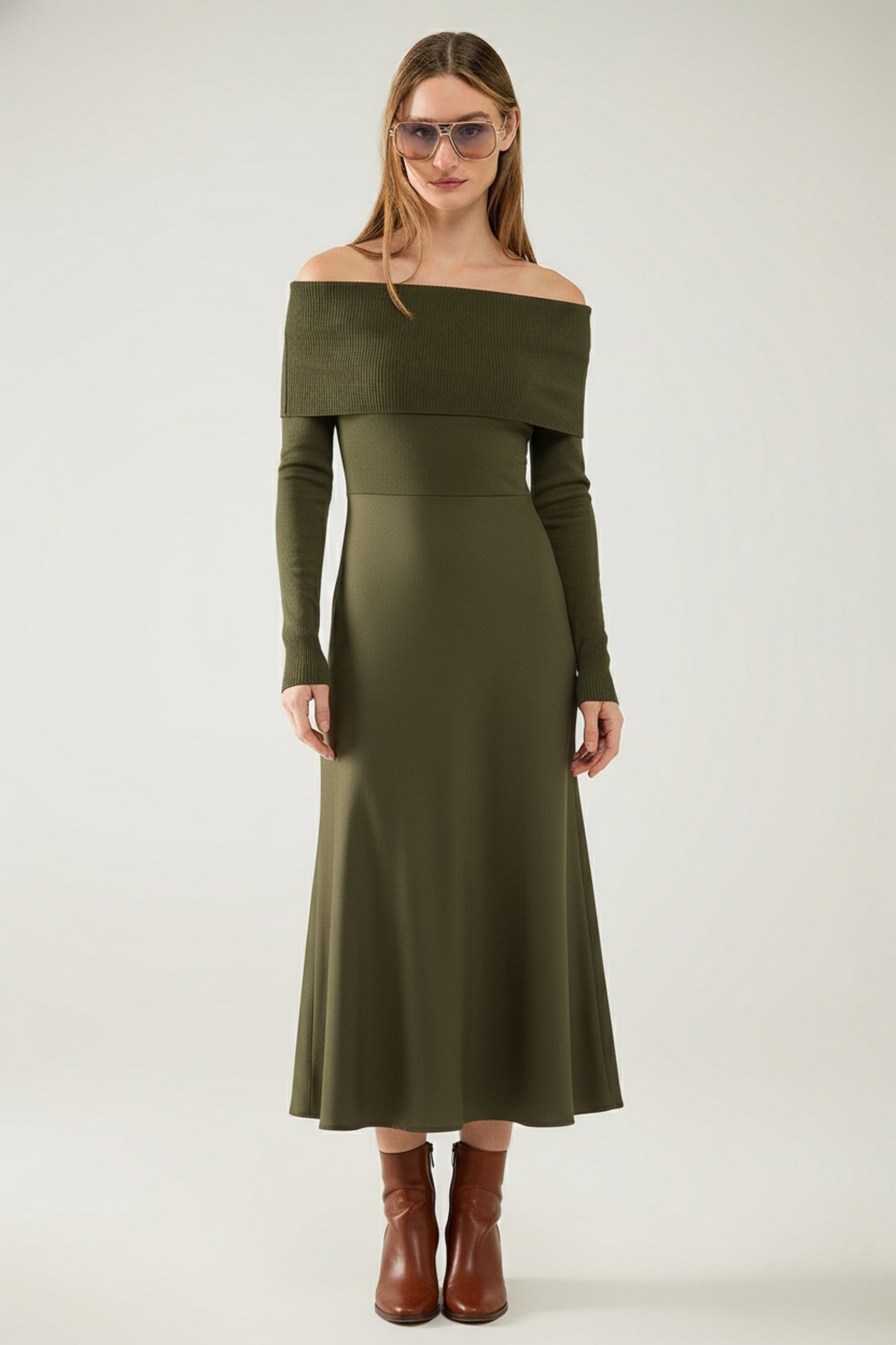 Maxi Knitted wide Bardot Dress in khaki