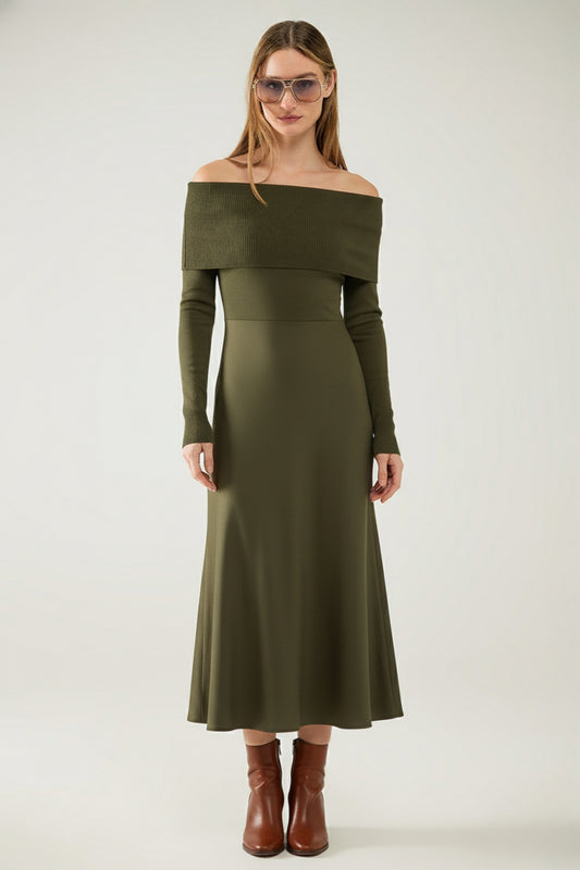 Maxi Knitted wide Bardot Dress in khaki