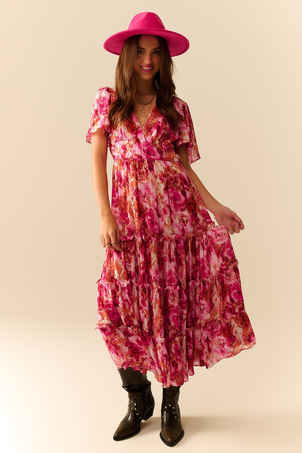 Maxi Tiered Romantic Dress With chiffon Floral Print In Pink