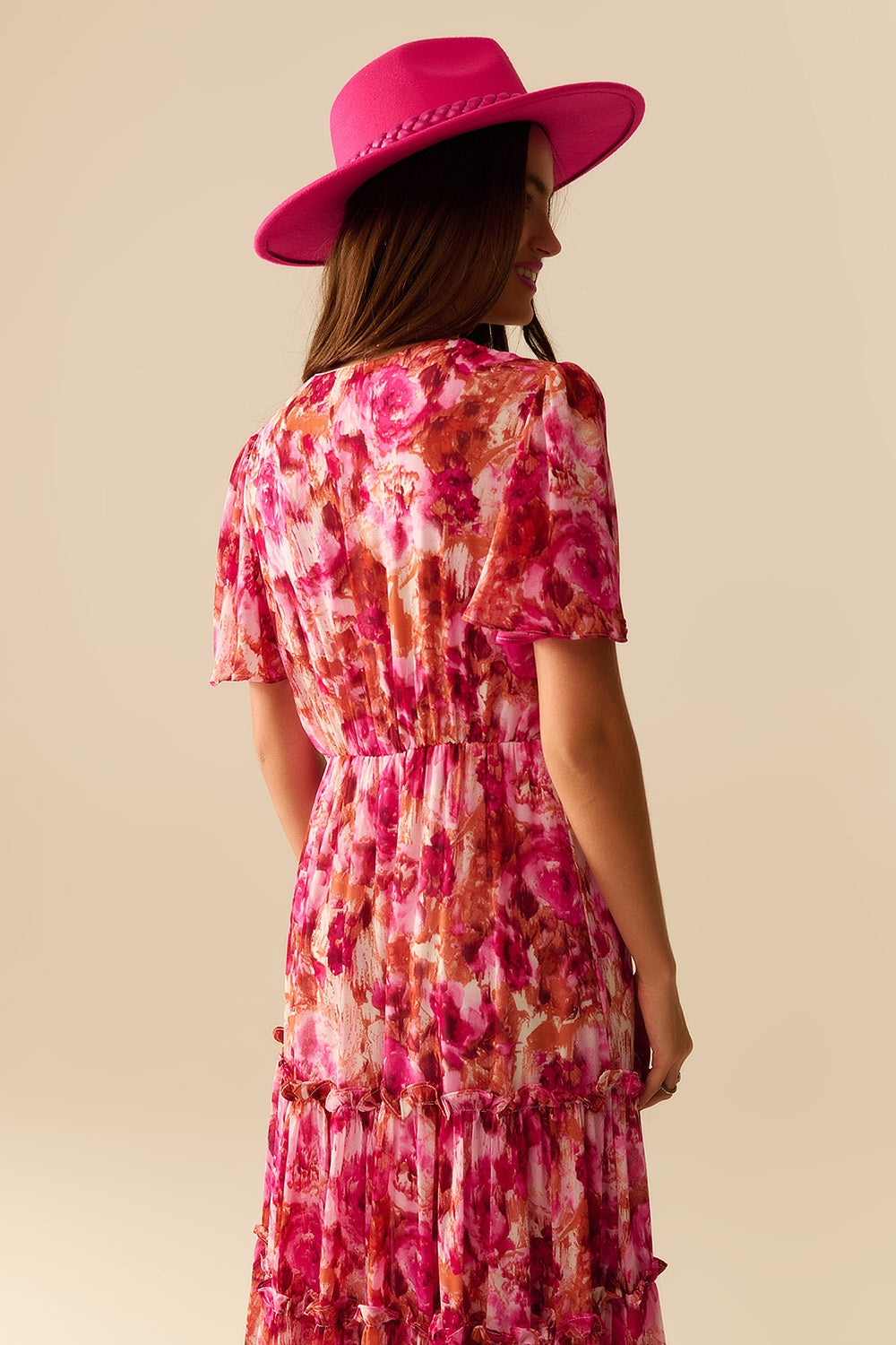 Maxi Tiered Romantic Dress With chiffon Floral Print In Pink