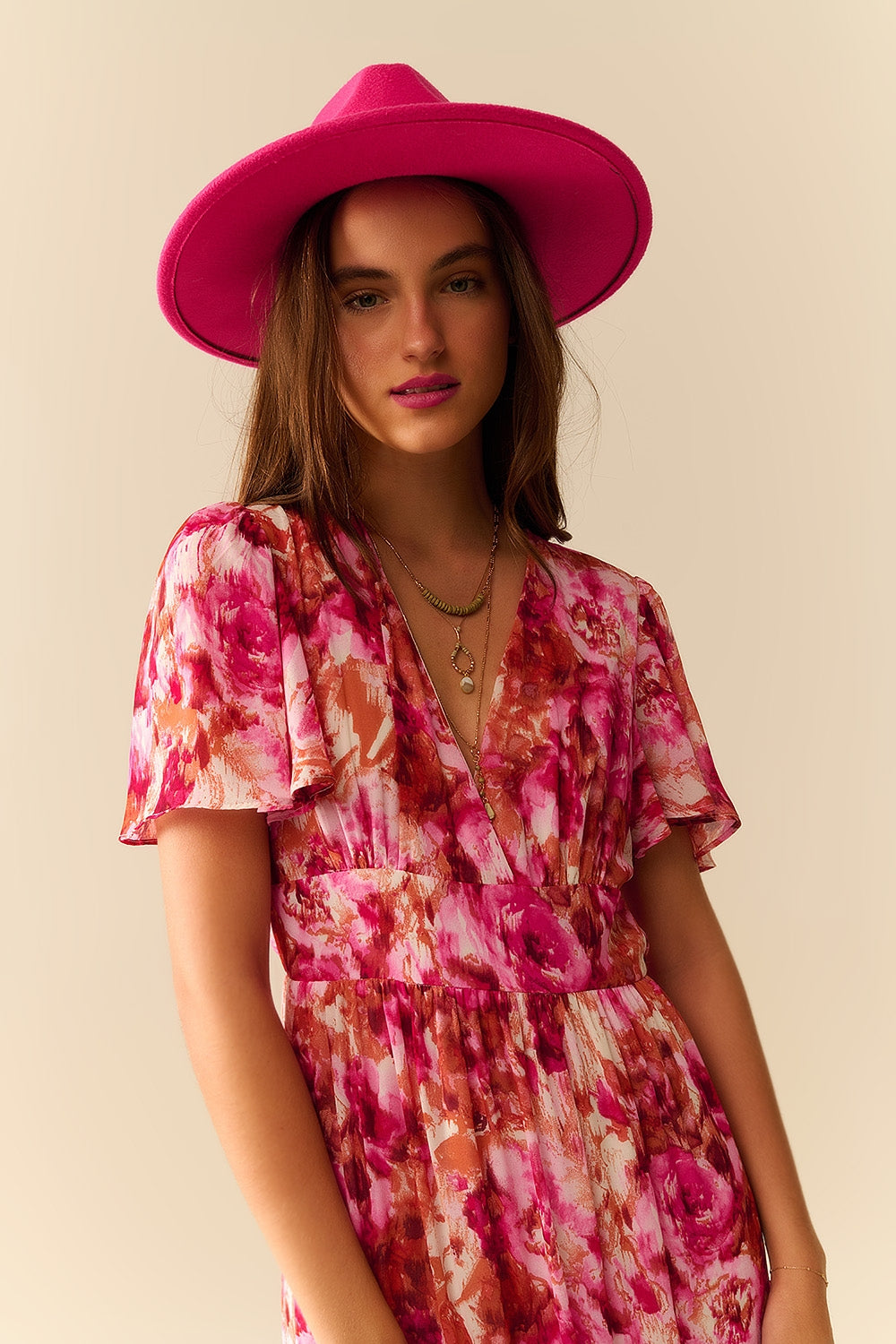 Maxi Tiered Romantic Dress With chiffon Floral Print In Pink