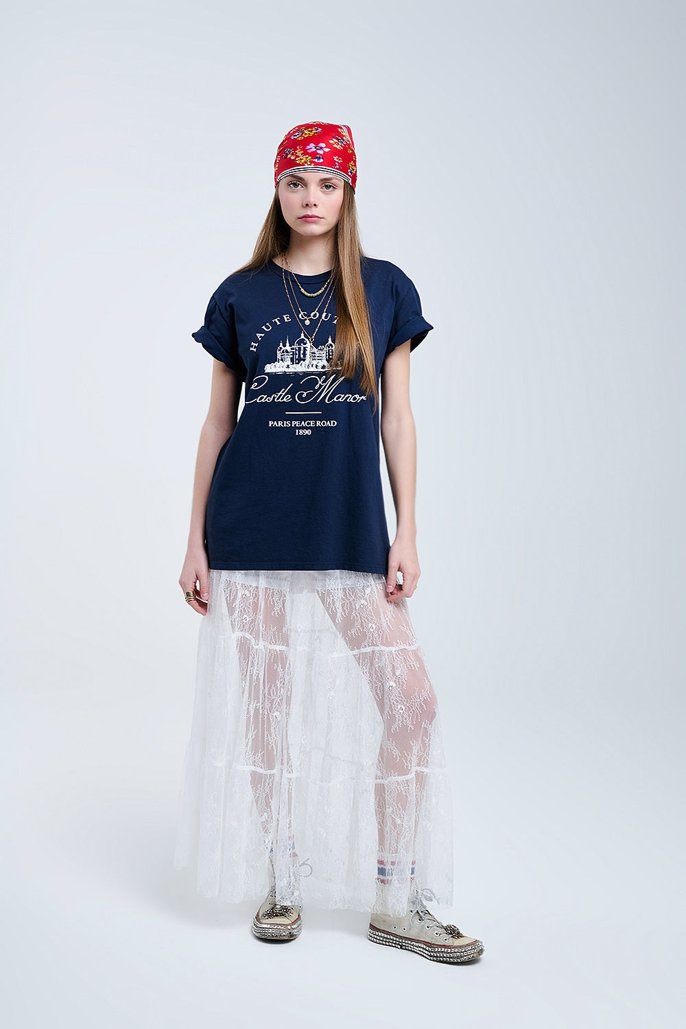 maxi white lace skirt with a floral print