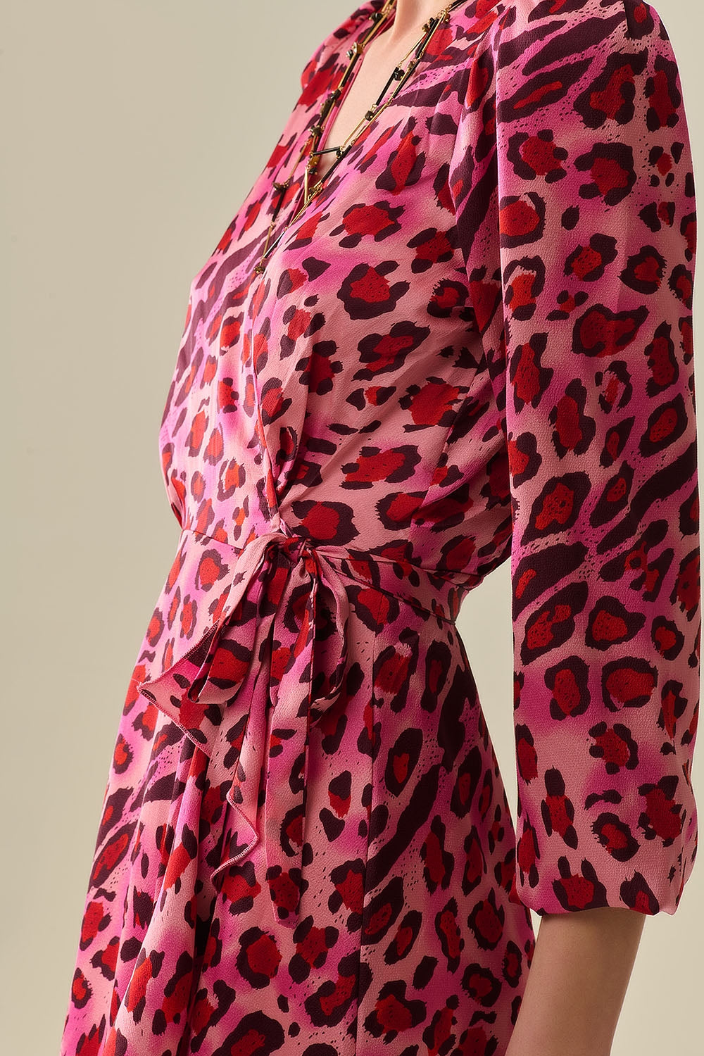 Maxi Wrap Dress in Satin Fuchsia Leopard Print